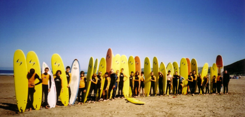 Large group of people with yellow surf boards lined up in a row for surfing lessons