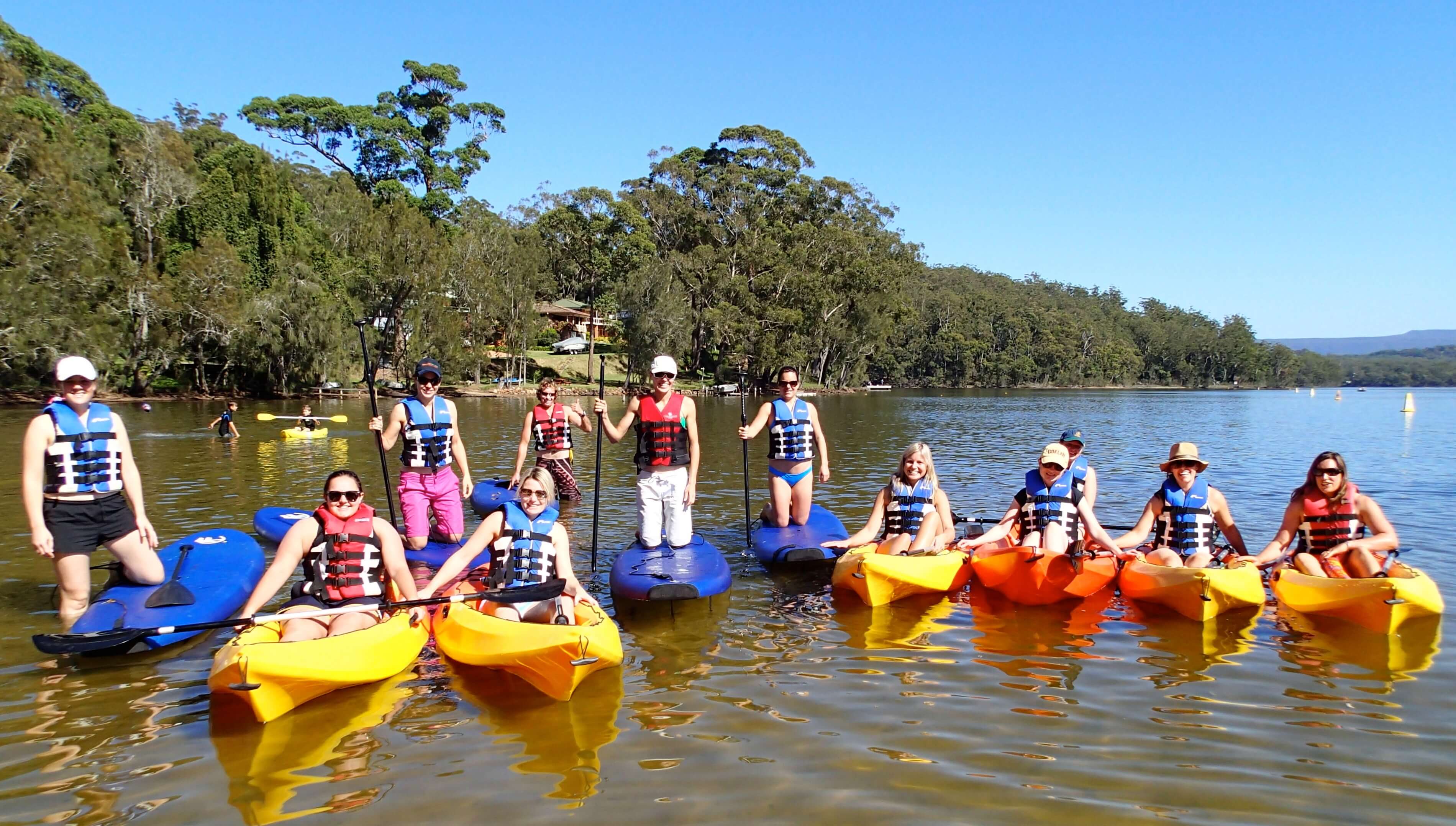 People with life jackets on seated in yellow kayaks and kneeling on paddle boards in a row on the water with bush in the background