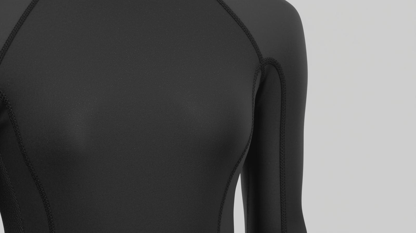 A full-length neoprene wetsuit steamer featuring durable flat-lock stitching for comfort and flexibility in cold-water conditions.